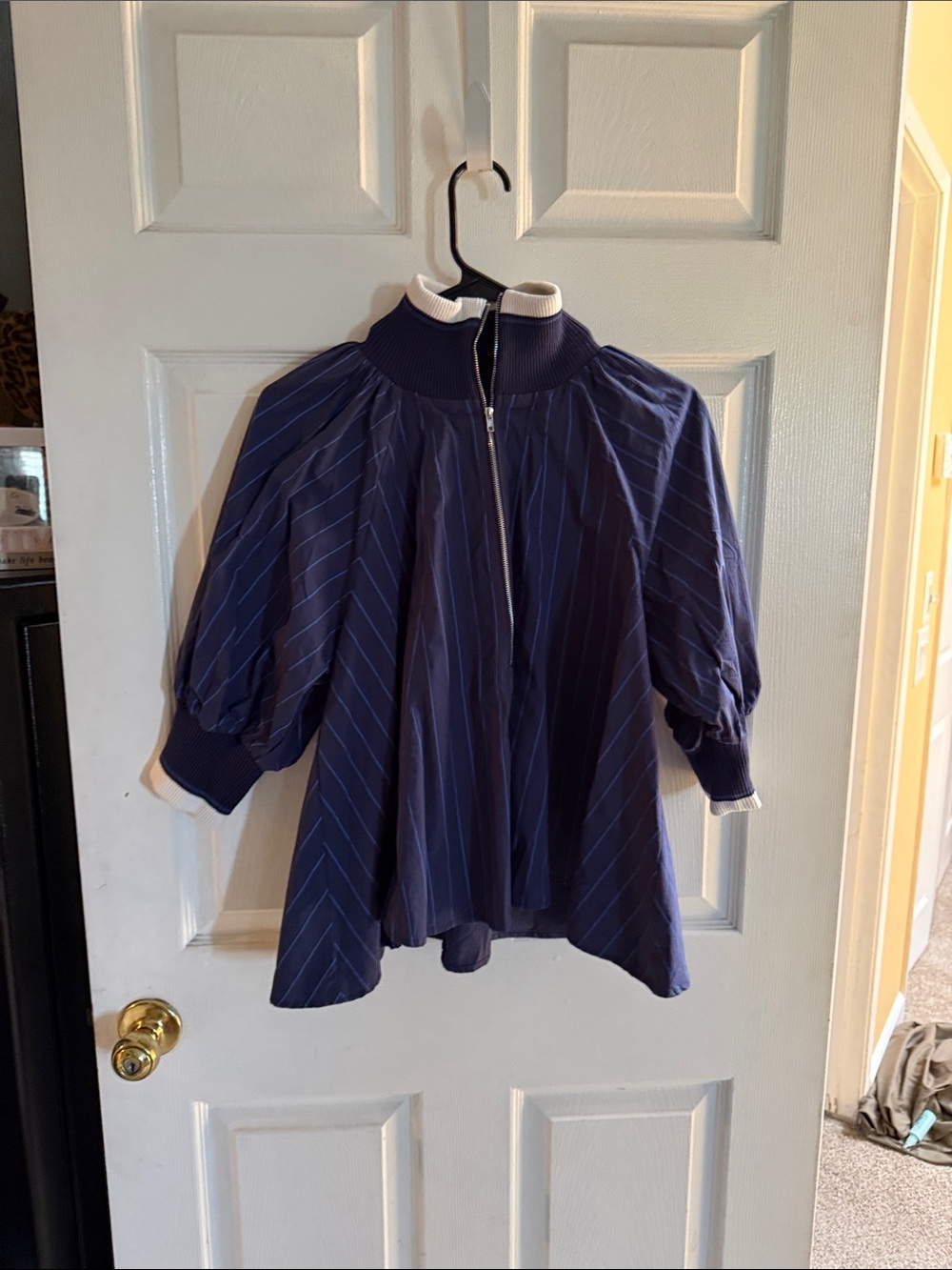 glam Navy Pinstripe Puff Sleeve Jacket with White Trim